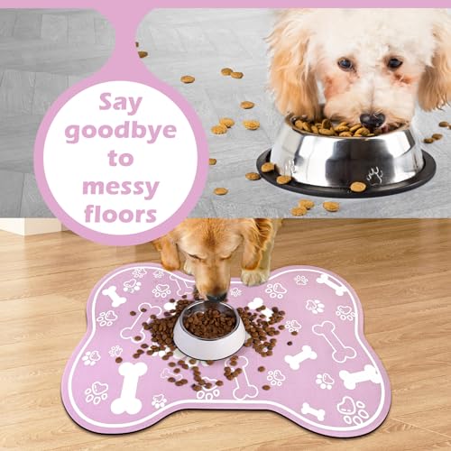 Dog Cat Mat for Food and Water (24"L x 16"W / Bone Shaped Pink)