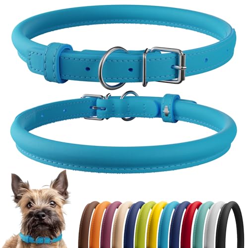 Tangle Free Rolled Leather Dog Collar (Light Blue / XXS)