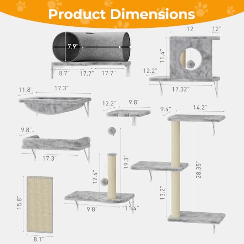 8-in-1 Cat Wall Shelves, Cat Wall Furniture Set (Light Grey)