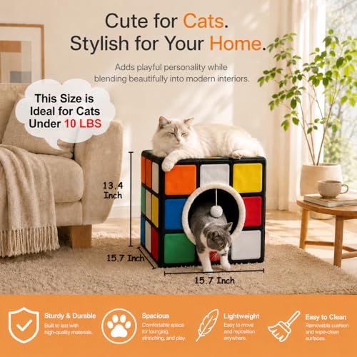 Cat Condo House with Reversible Cushions and Fluffy Ball Hanging (Standard)