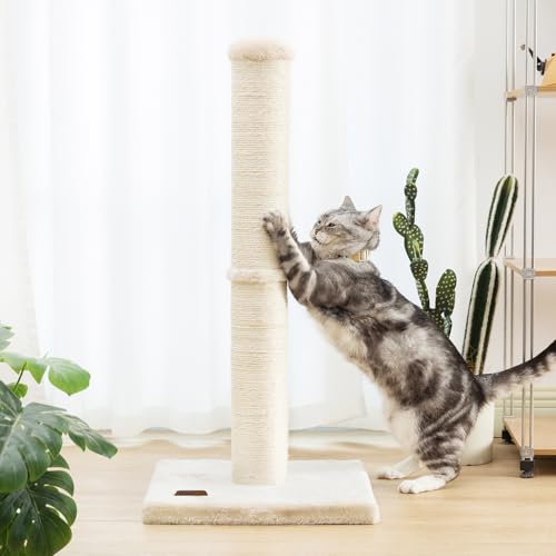 34inch Cat Scratching Post with Natural Sisal Rope 4.3Inch Large Diameter Scratcher Post Tree for Indoor Cats Beige (Beige)