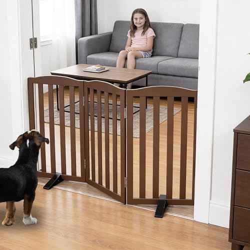 Foldable Freestanding Indoor Dog Gate for House Wood Long Pet Gates Dog Fence for Stairs Puppy Gates for Hallways (Brown / 【3 Panels】60''w X 24''h)