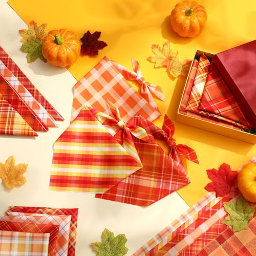 100 Pieces Thanksgiving Fall Dog Bandanas Bulk Plaid Bandanas for Dogs Autumn Soft Triangle Kerchief Bibs Adjustable Triangle Doggie for Small Medium Large Pets Party Costume (Fall Plaid / 25.6 x 17.7 x 17.7 Inch)