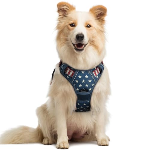 Dog Harness No Pull Medium Sized with 2 Leash Clips (Medium / Blue Star)