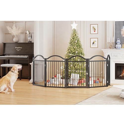 Metal No Assembly Freestanding Dog Gate with Door Walk Through (Black C / 6 panels 144"W*32"H HYG)