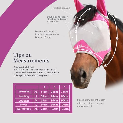 Half Face Horse Fly Mask UV Protection and Breathable for Equine Use Comfortable Magenta M (Magenta-Grey / Medium (Arabian))
