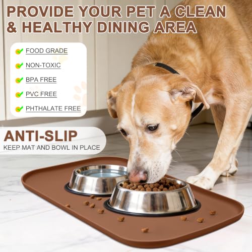 Waterproof Silicone Pet Food Mat with Raised Edge for Dog & Cat (Brown / 19"L x 12"W)