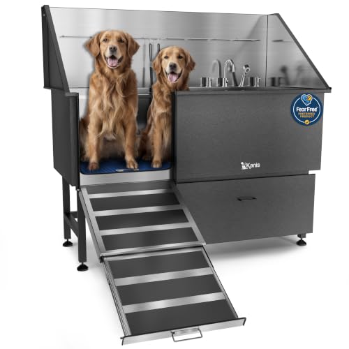 Professional Dog Washing Station 304 Stainless Steel Pet Wash Sink (Black, Left Ramp, 1 Drawer / 61 Inches)