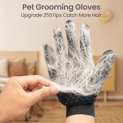 Pet Hair Removal Glove with 255 Silicone Tips for Dogs & Cats (Black)