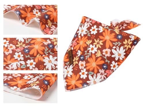 Fall Dog Bandana Washable Cotton Borwn Handkerchief Scarf Triangle Floral Oxalis Bandana for Medium Large Dogs Girl Boy (Brown Blossoms / Large (Pack of 1))