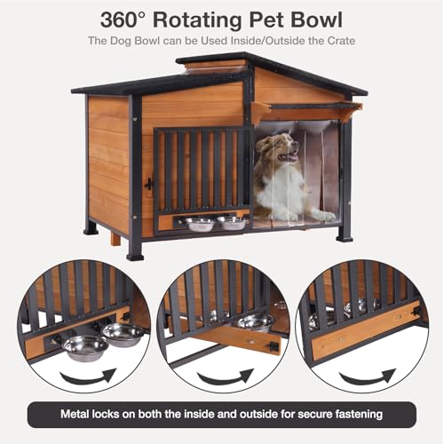 Heated Dog House Outdoor with Bowls Weatherproof Dog Kennel with Heating Pad Anti