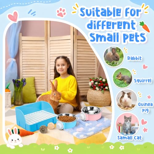 15 Pcs Rabbit Starter Kit Small Rabbit Litter Box Girls Gift Animal Grooming Kit Bunny Toys Bowl Blankets with Cleaning Set for Guinea Pig Accessories (Bright Blue)