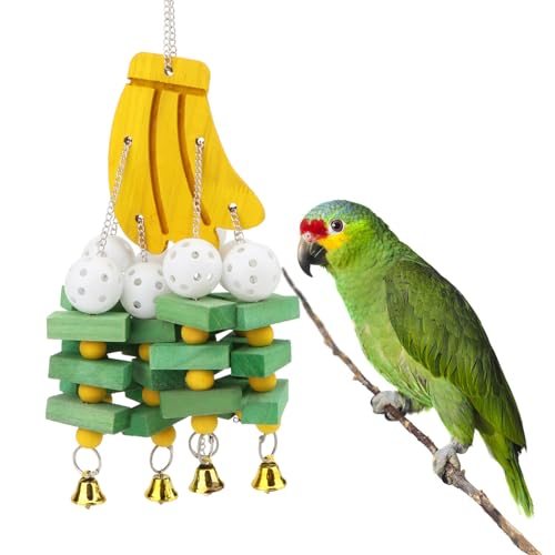 Large Parrot Hanging Swing Toy Bells Chew Toy Colorful Hanging Wood Block Parrot Macaw African Greys Cockatiels Budgies Conure Banana Shape Natural Birds Cage Hanging Toy (Banana)