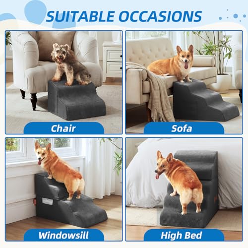 Dog Stairs 3 Step for Small Dogs and Cats to Get on Bed and Furniture (Dark Grey / 23.6"D x 15.7"W x 15.7"H)