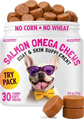 Omega 3 Alaskan Salmon Oil Treats for Dogs 30 Fish Oil Chew Supplement Skin and Coat Allergy and Itch Relief Hip & Joint Health Brain Shedding Hot Spots Treatment Omega 3 6 9 EPA & DHA Fatty Acids (Omega / 30)