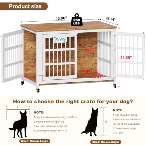 46"/43"/32" XXL Heavy Duty Dog Crate Furniture with Casters (46.1"L x 28.7"W x 31.9"H / White & Beech)
