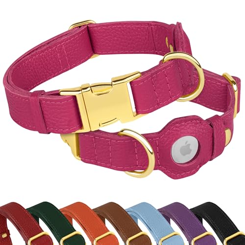 Leather Airtag Dog Collar (Pink / S, 12"-15" Neck Fit)