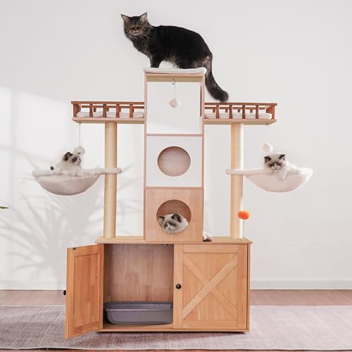 Cat Tree with Litter Box Enclosure for Indoor Big Cat HCT110WB (Walnut / 60 inch)