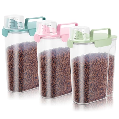 10 20Lbs Portable Cat Dog Food Storage Container with Upgraded Large Spout and Cup Dispenser for Small Large Animal Kibble (Light Pink + Light Blue + Light Green / 5L-3pack)