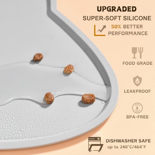 Cat Food Mat Silicone Non Slip Dog Bowl Mat Waterproof Cat Feeding Mat Stop Food Spills and Water Messes Out to Floor Pet Food Mat (Light Gray / 17" x 10")