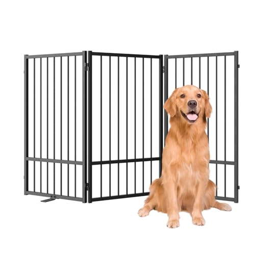 Full Metal Freestanding Dog Gate with Door (【3 Panels】60"W*32H" / Black)