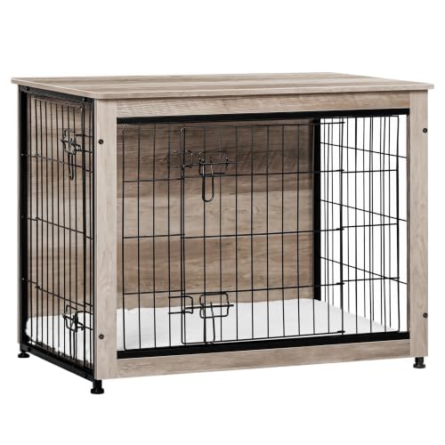 32.5" Dog Crate Furniture with Cushion (Greige / 32.5"L x 21.9"W x 25.6"H)