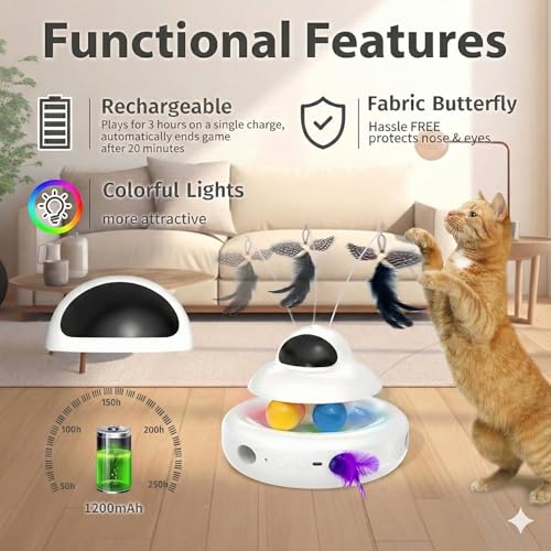 Cat Toys，4-in-1 Interactive Cat Toy for Indoor Cats with Laser, Fluttering Butterfly, Moving Feather and Track Balls - USB Rechargeable Self-Play Kitten Toy (White)