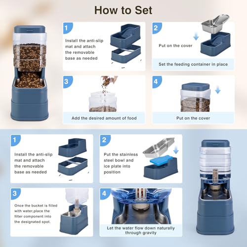 2 Pack Automatic Cat Feeder and Water Dispenser 1.3Gallon Dog Gravity Food Feeder and Water with Ice Pack Stainless Steel Dry Food and Waterer Bowl for Small Medium Large Pets (Blue)
