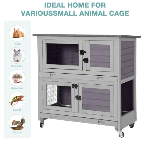 2 Tier Wooden Rabbit Hutch Indoor Bunny House Guinea Pig Cage with Sliding Plastic Trays Wheels for Easy Cleaning Ventilation Design and Mobility (Light Grey)