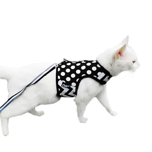 Cat Harness and Leash Set Escape Proof (Black Polka Dots / M 5.5-9 lbs)