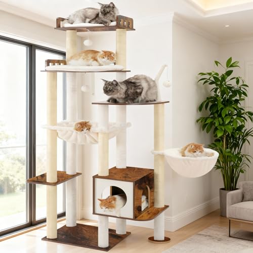 Cat Tree 70.5" Wood Tall Cat Tower for Large Indoor Cats HCT121SR (Rustic Brown / 70.5 inch)