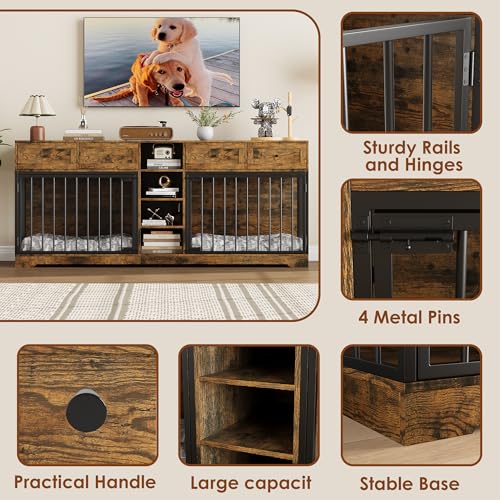 82" Double Dog Crate Furniture with Drawers and Shelves (Brown / 81.9"L x 23.6"W x 33.5"H)