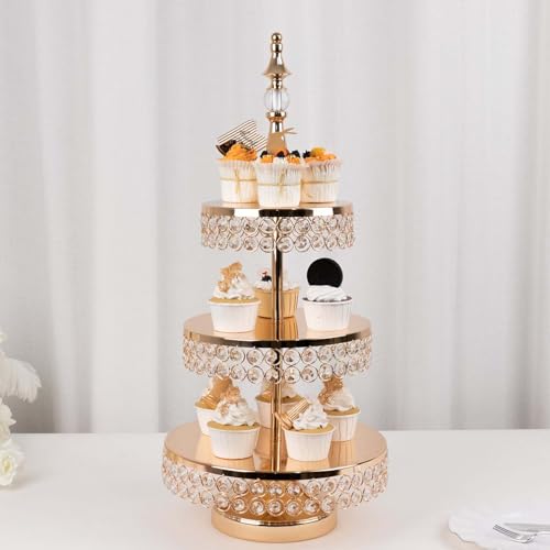 Efavormart 3 Tier Crystal Beaded Gold Metal Cake Stand (3-Tier 26" Crystal / Gold)