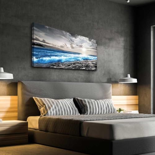 Wall Decor For Living Room Framed Canvas Wall Art For Office Bedroom Decorations Blue Ocean Wall Painting Black and White Beach Pictures Artwork Modern Mural Home Walls Decor (40"L x 20"W / Blue Sea Wave Pictures)