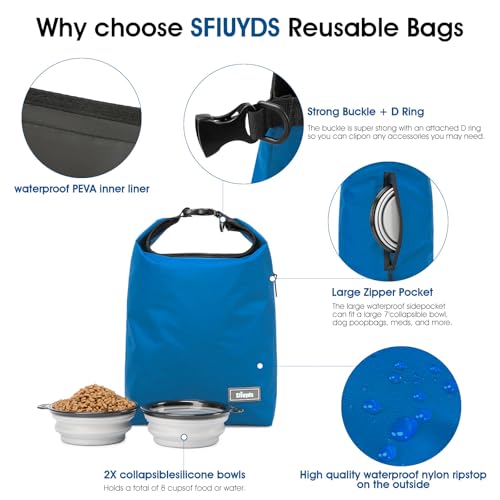 Pet Food Storage Bag Dog Storage Organizer Bag 2PCS Collapsible Dog Travel Bowls and Zipper Side Pocket for Home (Blue / 20L)