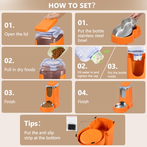 Portable Automatic Cat Feeder and Water Dispenser with Stainless Steel Bowl Dog Gravity Food Feeder and Waterer for Small Medium Pets Puppy Kitten 1 Gallon x 2 (Orange)
