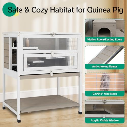 Guinea Pig Cages Hamster Cage Indoor with Stand Storage Wooden Outdoor Small Animals Habitat with Hideout House Pull Out Tray (25.6"L x 17.5"W x 30.0"H)