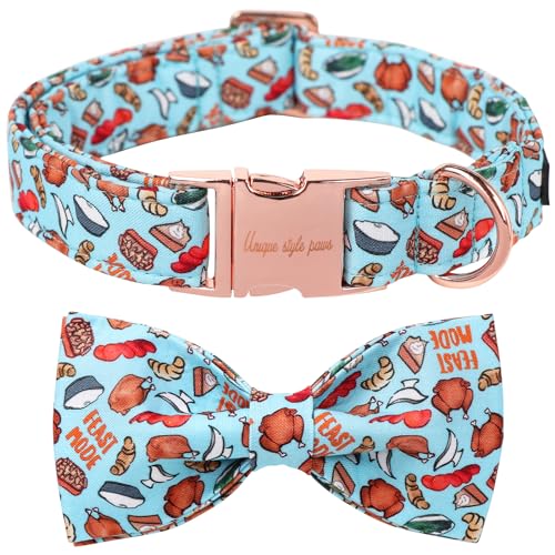 Thanksgiving Day Dog Collar with Bow Blue Turkey Cotton Puppy Collars for Small Medium Large Dogs (Extra Small / turkey bow)