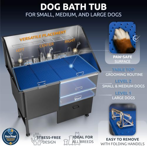 Professional Dog Washing Station 304 Stainless Steel Pet Wash Sink (Black, Left Ramp, 1 Drawer / 50 Inches)