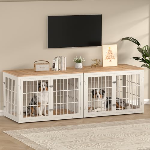 46" Heavy Duty Dog Crate Furniture for Large Dogs (White + Natural / 46.0"L x 29.1"W x 31.1"H)