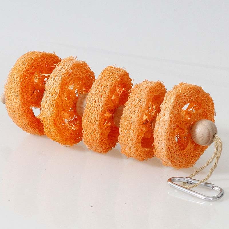 Bunny Chew Toys 2 Pack Natural Loofah Hanging Toy with Fruit Flavor for Rabbits Guinea Pigs Hamsters Small Animal Teeth Grinding and Cage Enrichment Rabbit Chew Toys (Orange Flavor)