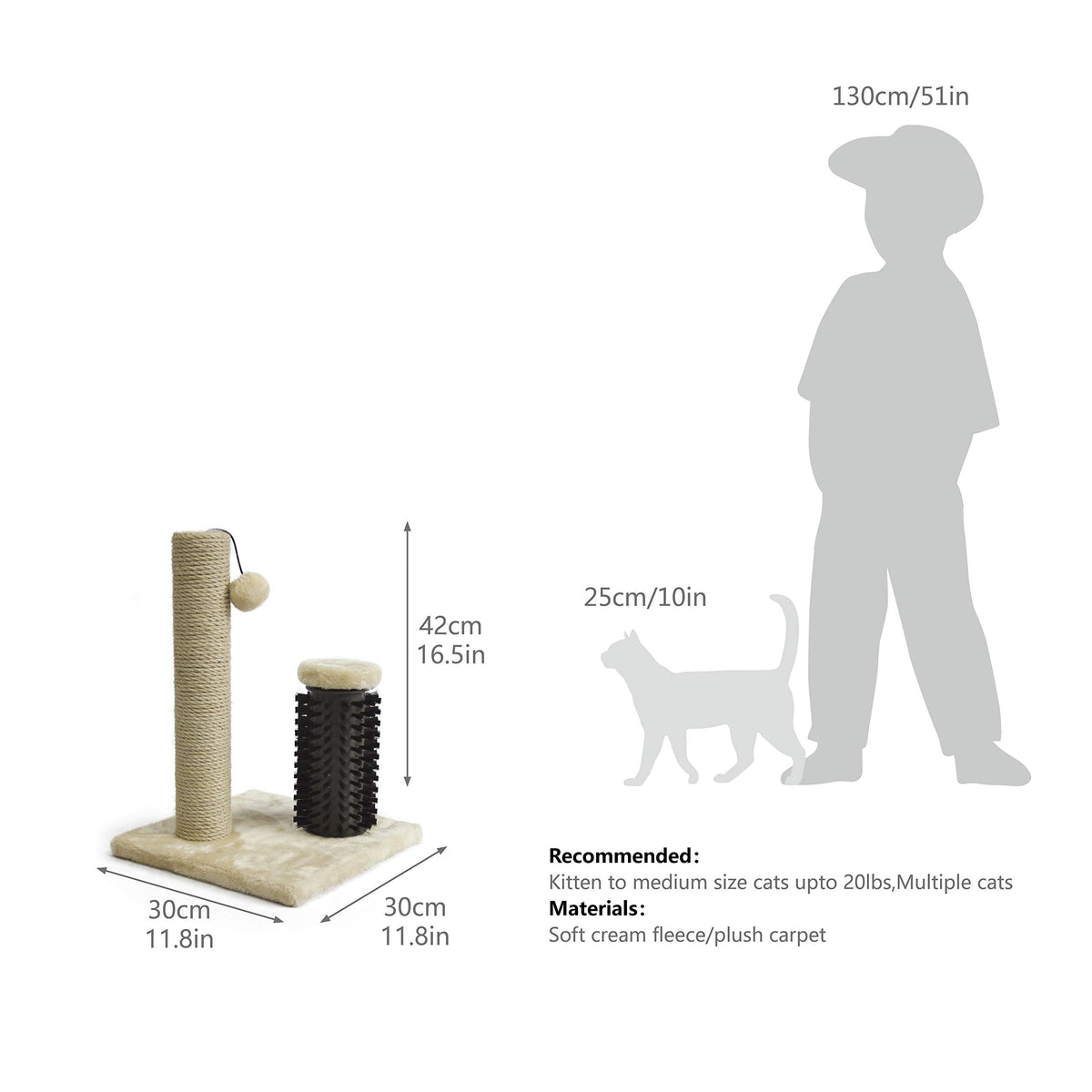 Cat Scratching Post with Self Groomer for Indoor Cats & Kittens (Scratching Post with Brush / Beige / 16.5" H)