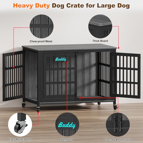 46"/43"/32" XXL Heavy Duty Dog Crate Furniture with Casters (46.14"L x 28.78"W x 35"H / Dark Grey)