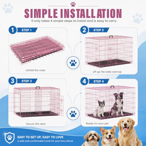 Dog Crate for Large Dogs 42 Inch Folding Kennel Metal Pet Cage Pink (Pink / 42.0"L x 26.0"W x 28.0"H)