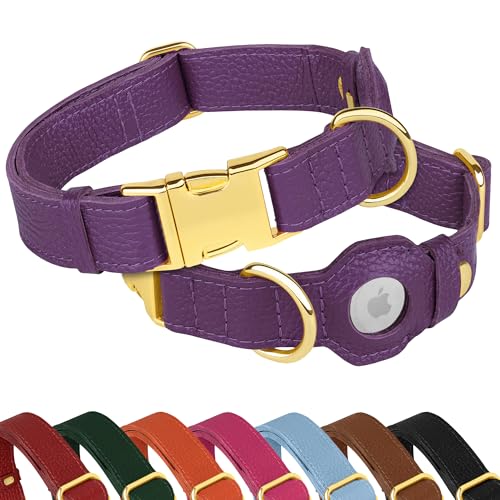 Leather Airtag Dog Collar (Purple / L, 17"-21" Neck Fit)