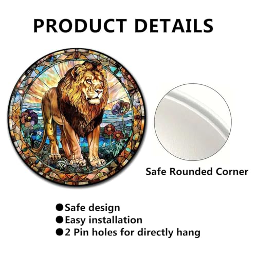 Metal Sign Tin Sign Circular Stained Glass Lion Vintage Decor for Garden 8×8 Inches (8×8 Inches / Lion-3)