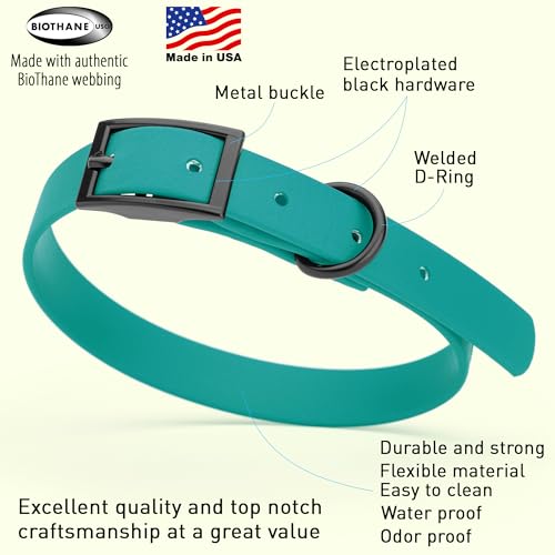 Biothane Waterproof Dog Collar Strong Coated Nylon Webbing with Black Hardware Odor (W5/8" x L12-15" / Blue Aqua)