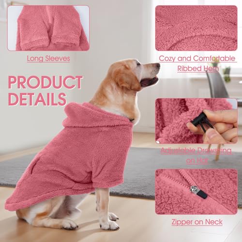 Fuzzy Dog Sweater with Adjustable Hood & Harness Hole (Large / Pink)