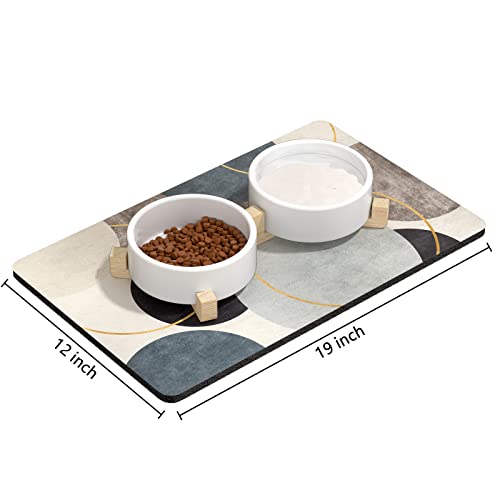 Dog Food Mat 12" x 19" Boho Absorbent Dog Cat Bowl Mat for Food and Water (Abstract Art Circle / 19"L x 19"W)