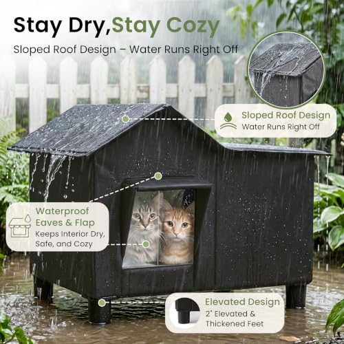 Outdoor Cat House Weatherproof Elevated Cat Bed (Black / L)